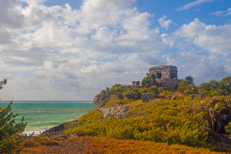 Ancient Tulum ruins near the Ocean on the Yucatan , Mexicoの写真素材