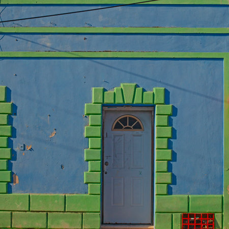 Colorful blue with green  houses of the downtown of Merida city in Mexicoの写真素材