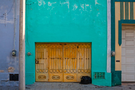 turquoise  houses of the downtown of Merida city in Mexicoの写真素材