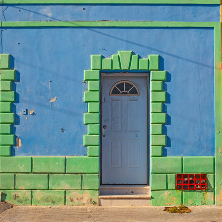 Colorful blue with green  houses of the downtown of Merida city in Mexicoの写真素材