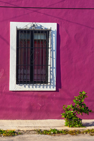 Colorful pink houses on the streets in downtown Merida, Mexicoの写真素材