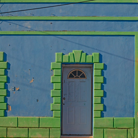 Colorful blue with green  houses of the downtown of Merida city in Mexicoの写真素材