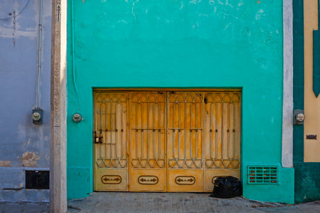 turquoise  houses of the downtown of Merida city in Mexicoの写真素材