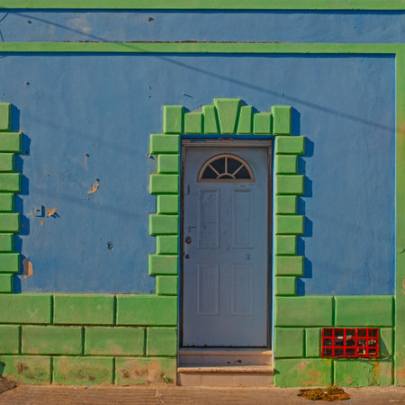 Colorful blue with green  houses of the downtown of Merida city in Mexicoの写真素材