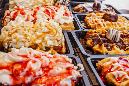 Belgian waffles in Brussels cafe marketの写真素材