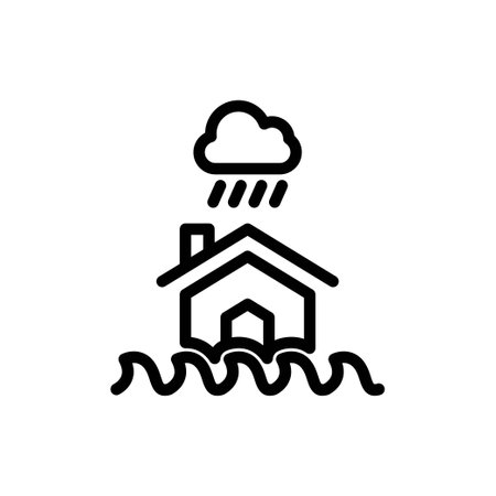 flood buildings icon, house in water waves, flooding rising levels, line symbol on white background - editable stroke vector illustrationのイラスト素材
