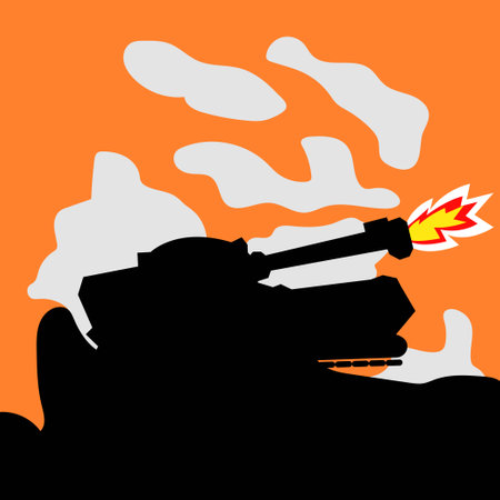 Illustration of a flat black tank fighting vehicle in the afternoon.