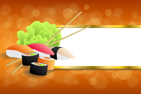 Background abstract food sushi orange yellow green stripes gold frame illustration vectorのイラスト素材