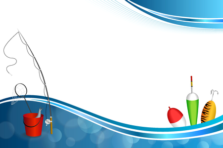 Background abstract blue white fishing rod red bucket fish net float spoon yellow green frame illustration vectorのイラスト素材