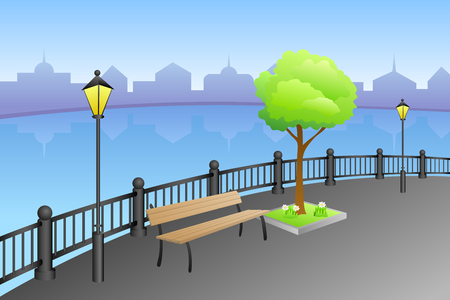 Landscape embankment city summer day river bench lamp illustration vectorのイラスト素材