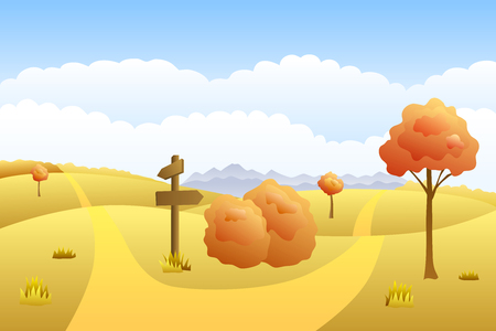 Meadow autumn landscape day road way mark illustration vectorのイラスト素材