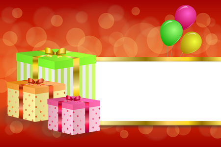 Background abstract birthday party gift box green red yellow balloons stripes gold frame illustration vectorのイラスト素材
