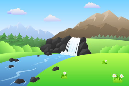 River waterfall mountains summer landscape day illustration vectorのイラスト素材