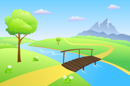 Bridge river summer landscape day illustration vectorのイラスト素材