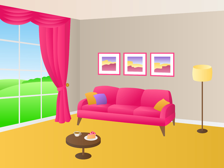 Living room yellow pink sofa pillows lamp window illustration vectorのイラスト素材