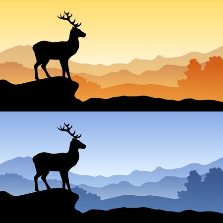 Deer silhouette landscape nature sunset sunrise illustration vectorのイラスト素材