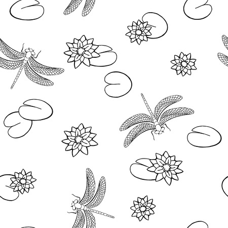 Lake dragonfly insect seamless pattern graphic art black white illustration vectorのイラスト素材