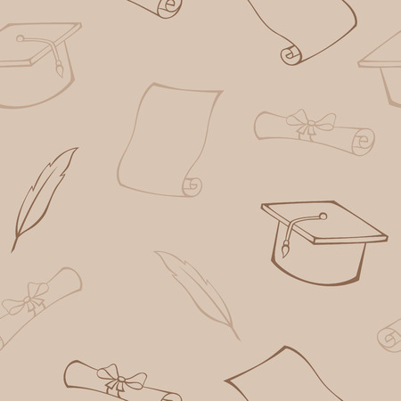 Education hat diploma feather beige seamless pattern illustration vectorのイラスト素材