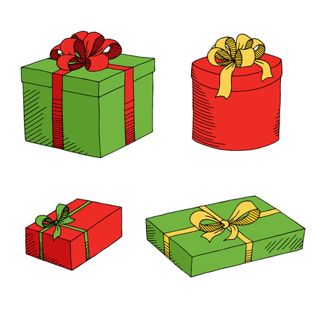 Present box graphic set green red yellow color isolated sketch illustration vectorのイラスト素材