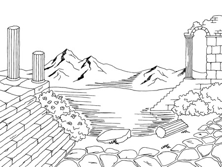 Ruin landscape graphic black white sketch illustration vectorのイラスト素材