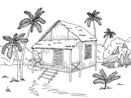 Jungle hut house graphic black white sketch illustration vectorのイラスト素材