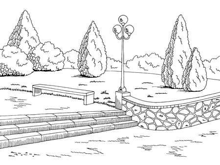 Park graphic black white bench lamp landscape sketch illustration vectorのイラスト素材