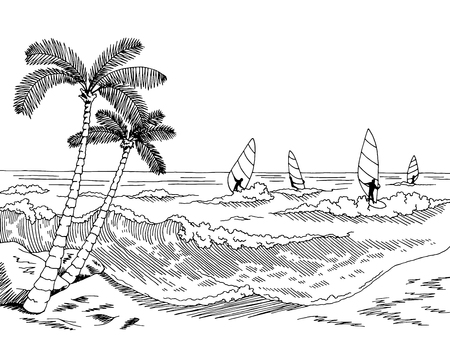 Sea windsurfing graphic black white seascape sketch illustration vectorのイラスト素材