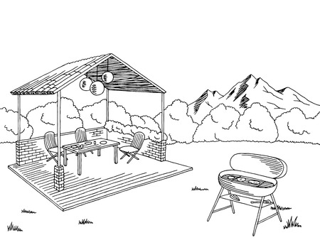 Barbecue graphic black white landscape sketch illustration vectorのイラスト素材