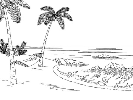 Sea coast hammock graphic black white landscape sketch illustration vectorのイラスト素材