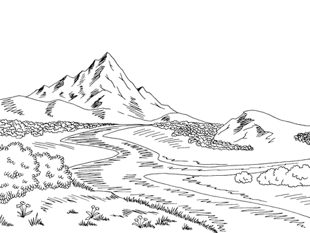 Mountain river graphic black white landscape sketch illustration vectorのイラスト素材
