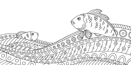 Fish waves black white graphic abstract doodle pattern sketch illustration vectorのイラスト素材