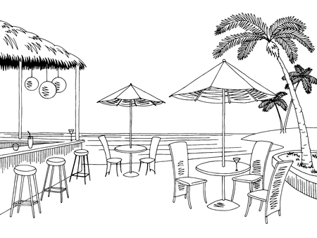 Beach cafe bar graphic black white landscape sketch illustration vectorのイラスト素材