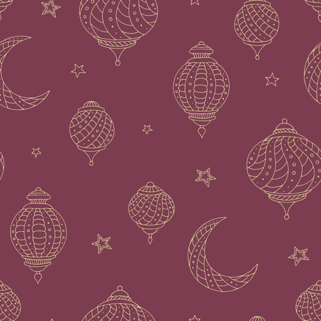 Ramadan lamps graphic moon star color seamless pattern sketch illustration vectorのイラスト素材