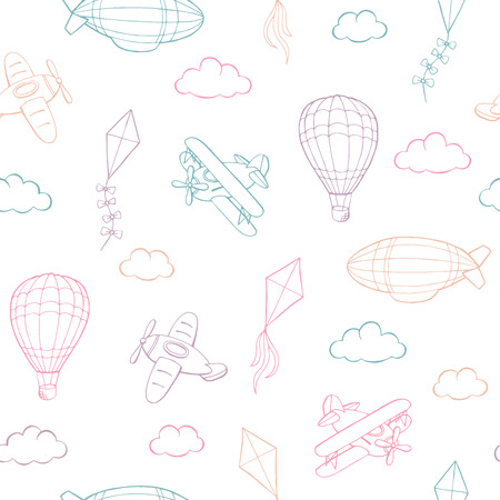 Flying airplane balloon kite cloud graphic color sketch seamless pattern illustration vectorのイラスト素材