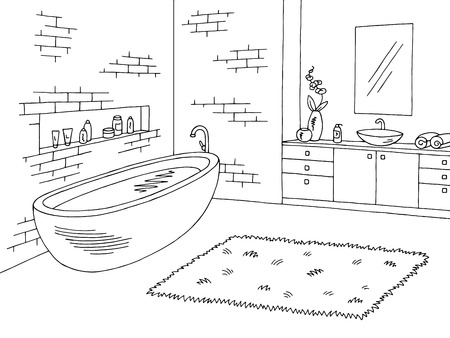 Bathroom graphic interior black white sketch illustration vectorのイラスト素材