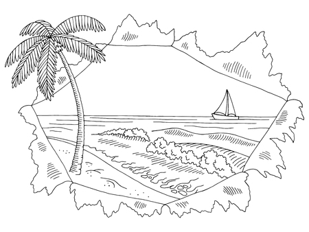 Sea coast paper hole graphic black white landscape sketch illustrationのイラスト素材