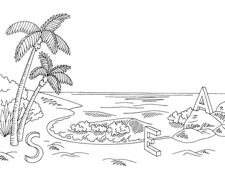 Sea coast graphic black white landscape sketch illustration vectorのイラスト素材