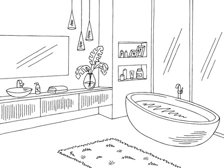 Bathroom graphic interior black white sketch vector illustrationのイラスト素材