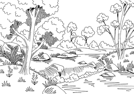 Forest river graphic black white waterfall landscape sketch illustration vectorのイラスト素材