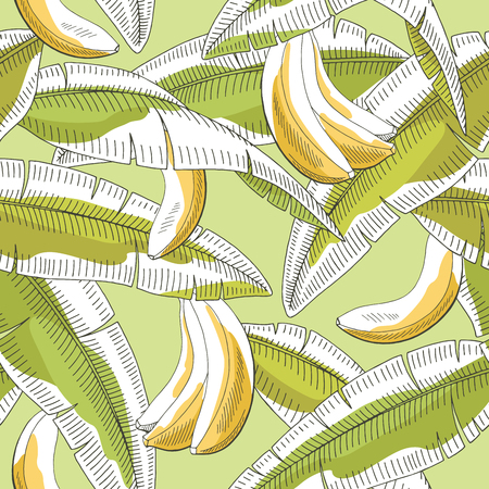 Banana fruit leaf graphic green yellow color seamless pattern sketch illustration vectorのイラスト素材
