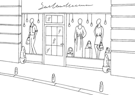 Clothing store shop exterior graphic black white boutique sketch illustration vectorのイラスト素材