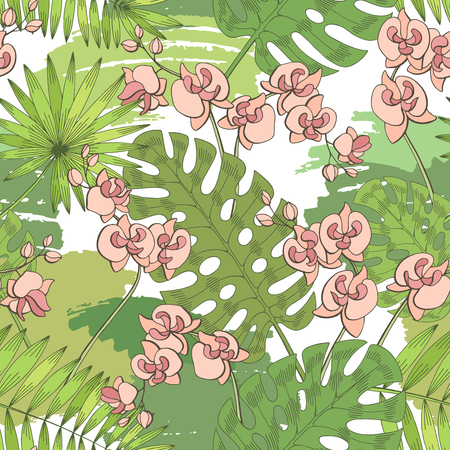 Orchid flower monstera palm leaf graphic green pink color seamless pattern background sketch illustration vectorのイラスト素材
