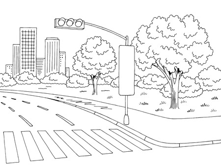 Street road graphic black and white city landscape sketch illustration vectorのイラスト素材