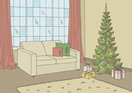 Living room graphic Christmas tree color home interior sketch illustration vectorのイラスト素材