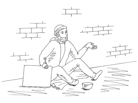 Beggar is holding a black white sketch illustrationのイラスト素材
