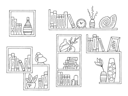 Shelves set graphic black white isolated sketch illustration vectorのイラスト素材