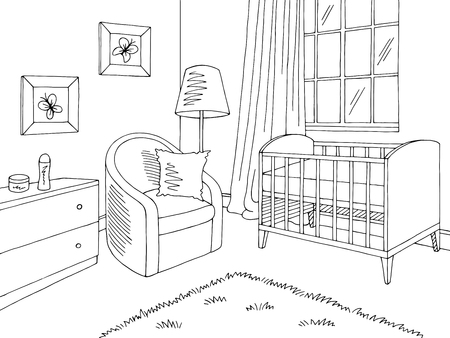 Baby room graphic black white home interior sketch illustration vectorのイラスト素材
