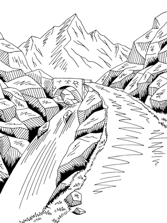 Mountain road bridge graphic black white river waterfall landscape sketch illustration vectorのイラスト素材