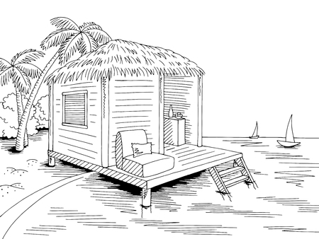 Black white sea landscape sketch vector bungalow hut house coastのイラスト素材