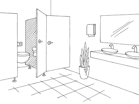 Public toilet graphic interior black white sketch illustration vectorのイラスト素材